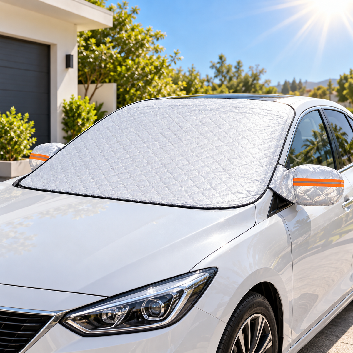 Car parked in the sun with a reflective silver cover